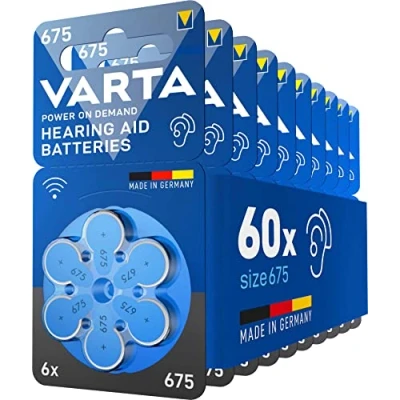 Abbildung von VARTA Hörgerätebatterien Typ 675 blau, Batterien 60 Stück Vorratspack, Power on Demand, wireless approved, Größe p für Hörgeräte &amp; Hörhilfen, Made in Germany
