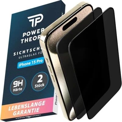 Abbildung von Power Theory Sichtschutz Glas für iPhone 15 Pro Schutzfolie, Ultra Sichtschutzfolie mit 9H Bruchfestigkeit, Blasenfreie Anbringung &amp; Schnelle Installation [2 Stück]