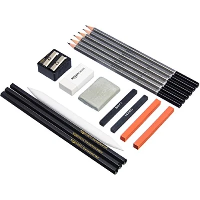 Abbildung von Amazon Basics 17 Stück, Skizzier und Zeichenstifte Set, Holzkohle, schwarz, Weiß, orange