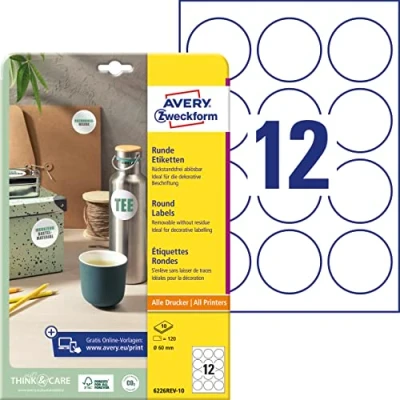 Abbildung von AVERY Zweckform 6226REV 10 runde Etiketten (120 Klebepunkte, Ø60mm auf A4, Aufkleber zum Bedrucken, wieder rückstandsfrei ablösbar/abziehbar, selbstklebende Marmeladenetiketten) Blatt, weiß