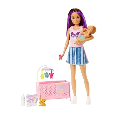 Abbildung von Barbie Skipper Babysitter Inc, Big Babysitting Adventure, mit braunen Haaren und Baby, Fläschchen, Kinderbett, Zubehör, inkl. 2 Puppen, als Geschenk möglich,HJY33
