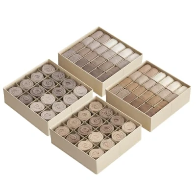 Abbildung von SONGMICS Unterwäsche Organizer 4er Set, 80 Fächer (2x16+2x24), Schubladen faltbar, Ordnungssystem Kleiderschrank, Aufbewahrungsboxen, Socken, Unterwäsche, Krawatten, sandbeige RUS011K01