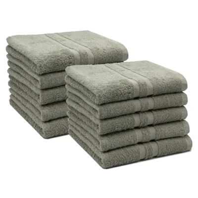 Abbildung von ZOLLNER 10er Set Handtücher in 50x100 cm Flauschige Duschtücher aus Baumwolle mit moderner Streifenbordüre bis 60C waschbar praktischem Aufhänger Taupe Hotelqualität