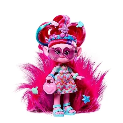Abbildung von Mattel DREAMWORKS TROLLS Gemeinsam Stark Hairsational Reveals Königin Poppy Modepuppe mit pelzigen Plüschhaare, juwelenförmiger Behälter, für Kinder ab 3 Jahren, HNF16