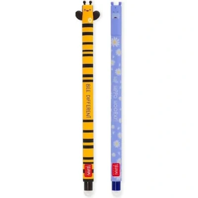Abbildung von LEGAMI Set mit 2 radierbaren Gelstiften thermoempfindlicher Radiertinte, verschiedene Tintenfarben und Schaftdesigns, 0,7 mm Spitze, Biene Nilpferd