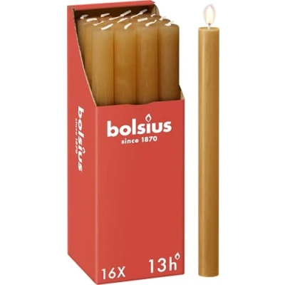 Abbildung von Bolsius Rustik Stabkerzen Ockergelb 16 Stück 27 x 2.3 cm Länge Brenndauer 13 Stunden Unparfümierte Enthält Natürliches Pflanzenwachs Ohne Palmöl
