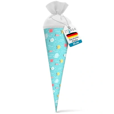 Abbildung von itenga Geschwisterschultüte 35 cm Tiere Pflanzen Muster Geschenkverpackung Schultüte Zuckertüte Filzverschluss Kinder Erwachsene (Fische)