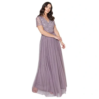 Abbildung von Maya Deluxe Damen Maxi Dress for Women Ladies Braidesmaid V neck Plus Size Ball Gown Short Sleeves Long El Brautjungfernkleid, Moody Lilac, 50 EU