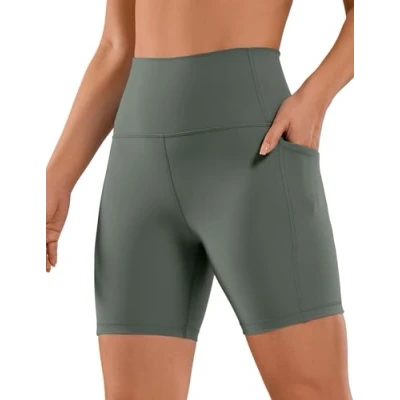 Abbildung von CRZ Yoga Naked Feeling Damen Radlerhose mit Taschen Hohe Taille Shorts Kurze Sporthose Sport Leggings Sportshorts 15cm Grauer Salbei 42