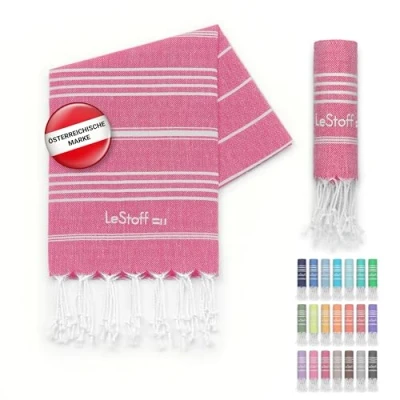 Abbildung von LeStoff Premium Hamamtuch 50 x 100 cm 100% Bio Baumwolle, Vorgewaschen, Nachhaltig, Leicht, Kompakt, Saugstark &amp; Schnelltrocknend Handtuch für Bad, Gäste, Gesicht, Sport, Reise, Camping (Fuchsia)