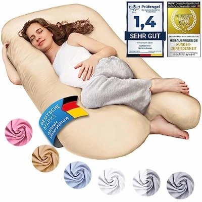 Abbildung von SMOOTHY Schwangerschaftskissen, Seitenschläferkissen, Lagerungskissen, Baby Kissen &amp; Stillkissen in U Form mit abnehmbarem waschbarem Bezug aus 100% Baumwolle (Junior XL, 120 x 70 cm, Weiß)