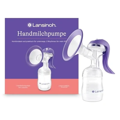Abbildung von Lansinoh Handmilchpumpe leichte und leise Milchpumpe für unterwegs mit Easy Express Griff müheloses Pumpen einstellbare 2 Rhythmen Technologie
