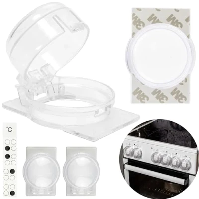 Abbildung von Herdknopf Kindersicherung, 3 Pack, Montage ohne Knopf Demontage, für max. Ø 4,9 cm und 4 hohe Herdknöpfe Schutz mit min. 6,1 Abstand Mitte Mitte, transparenter Kleber, Herdschutz Baby Sicherung