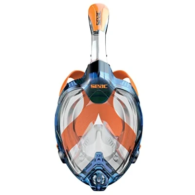 Abbildung von Seac Magica, Schnorchelmaske Vollgesichtsmaske Anti Beschlag System mit einem weichen Maskenkörper, Dry Top Schnorchel Auslassventil, blau/orange, XS/S