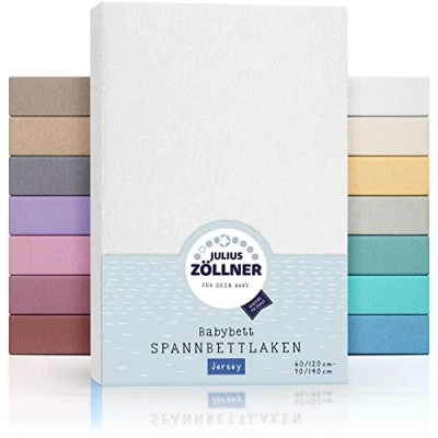 Abbildung von Julius Zöllner Jersey Spannbettlaken für Baby &amp; Kinderbett, 100% Baumwolle, OEKO TEX Standard 100 zertifiziert, Größe: 60x120cm / 70x140cm, 2er Pack, weiß