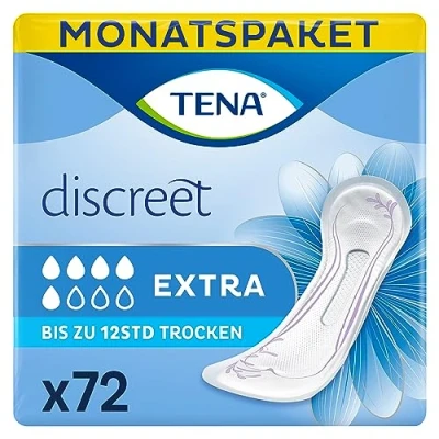 Abbildung von Tena Discreet Extra Einlagen im Monatspaket, Einzeln Verpackt Hygieneeinlagen für Frauen bei mittlerer Blasenschwäche und Inkontinenz, Hell, 72 Stück (1er Pack)