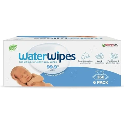 Abbildung von WaterWipes plastikfreie, originale Reinigungstücher für Babys, 360 Stück (6 Packungen), 99,9 % wasserbasierte Reingugnstücher, unparfümiert empfindliche Haut