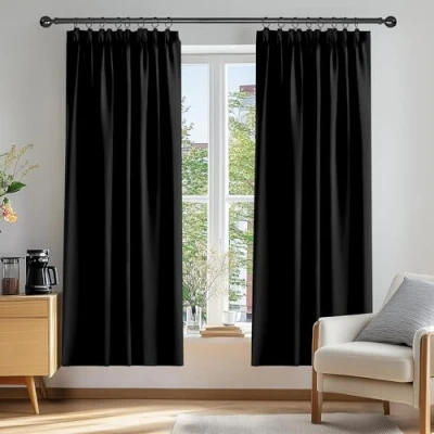 Abbildung von Deconovo Thermogardine Verdunkelungsvorhang Kräuselband Gardinen Kräuselbandschal Thermovorhang Kälteschutz Thermo gegen Kälte Hitzeschutz, 242x107cm(HöhexBreite), Schwarz, 2er Set