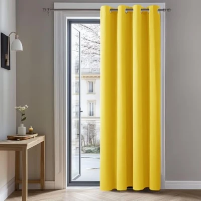 Abbildung von Deconovo Blickdichte Gardinen mit Ösen Verdunkelungsvorhänge Wohnzimmer Dicke Thermogardine Kälteschutz warm Hitzeschutz, 214x132 cm(HöhexBreite), Senfgelb, 1 Stück