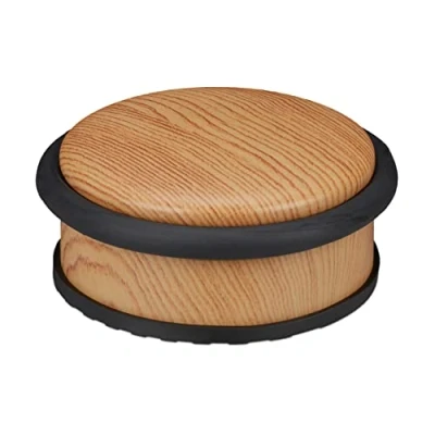Abbildung von Relaxdays Türstopper Boden, für schwere Türen, Edelstahl, Gummi, flach, Holzoptik Bodenpuffer HxD 5 x 10,5 cm, hellbraun