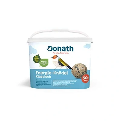 Abbildung von Donath Energie Knödel Klassisch ohne Netz Meisenknödel 100g je Stück kraftspendendes Fett wertvolles Ganzjahres Wildvogelfutter unsere Manufaktur in Süddeutschland 50er Eimer
