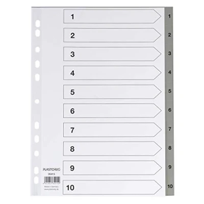 Abbildung von 5er Set 10 teiliges Register/Trennblätter aus PP, DIN A4 mit Zahlen 1 10, volldeckend + praktischem Deckblatt stabilem Papier zum Beschriften. Trenn Blätter für die Ordner Organisation im Büro