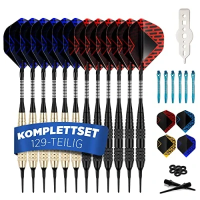 Abbildung von DartPro Dartpfeile mit Kunststoffspitze 12 für elektronische Dartscheibe [18g] Softdarts Set [inkl. 6 Alu Dart Schaft + 21 Flights]