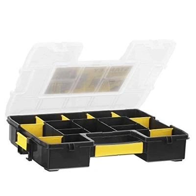 Abbildung von STANLEY Organizer Aufbewahrungsbox Werkzeugkoffer leer Werkzeugkasten Junior Werkzeugbox (Stapelbarer Sortimentskasten mit 14 individuell anpassbaren Fächern für Kleinteile und Werkzeug) 1 97 483