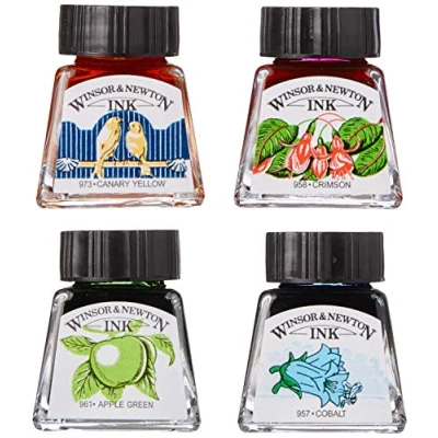 Abbildung von Winsor &amp; Newton 1090105 Zeichentusche Set, 4 Farben, wasserbeständig für Illustratoren, Grafikern, Kalligraphen und Künstler Kobaltblau / Apfelgrün Kanariengelb Karmesinrot