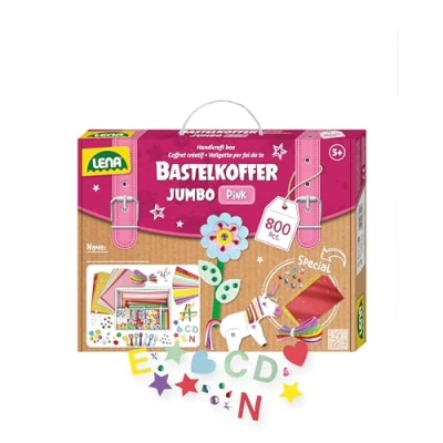 Abbildung von Lena 42664 Jumbo Bastelkoffer mit 800 Teile in Pastell Farben, Material zum Basteln, Moosgummi, Buntpapier, Strasssteine, Pompon, Bänder, Knöpfe, Kulleraugen und vielem mehr, ab 5 Jahre