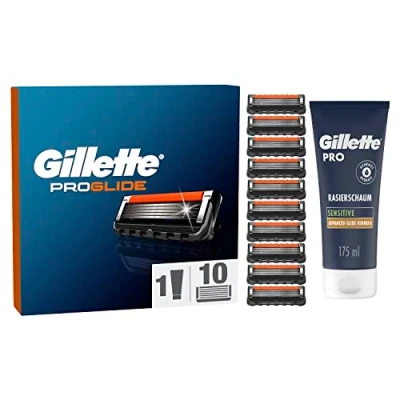 Abbildung von Gillette ProGlide Rasierklingen und Bartpflege Set für Rasierer, 10 Ersatzklingen Nassrasierer Herren + PRO Sensitive Rasierschaum 175 ml, Geschenk Männer