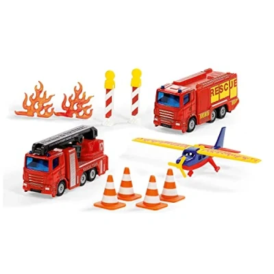 Abbildung von siku 6330, Geschenkset Feuerwehr, LKW mit Hubrettungsbühne, Löschfahrzeug, Flugzeug, Bewegliche Teile, Inkl. Pylonen, Barken und Flammen