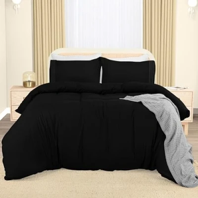 Abbildung von Utopia Bedding Bettwäsche 200x200 Set Mikrofaser Bettbezug cm + 2 Bestickte Kissenbezüge 50x75 Schwarz