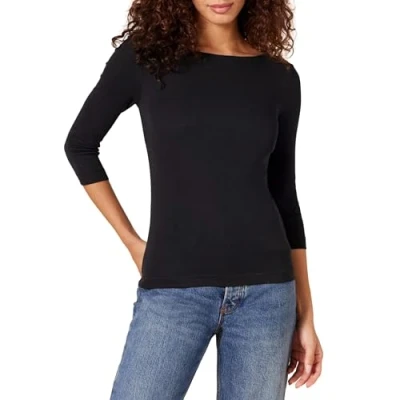 Abbildung von Amazon Essentials Damen T Shirt mit Bateau Ausschnitt und 3/4 Ärmeln in schmaler Passform, Schwarz, XS
