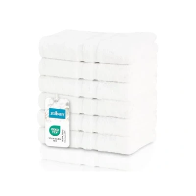 Abbildung von ZOLLNER 6er Set Handtücher in 50x70 cm Flauschige Badetücher aus Baumwolle mit moderner Streifenbordüre waschbar bis 95C praktischem Aufhänger weiß Hotelqualität