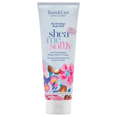 Abbildung von Jean &amp; Len Reichhaltige Bodymilk mit Sheabutter, pflegt trockene Haut intensiv ist hautverträglich, ohne Parabene Silikone, Mineralöl Mikroplastik, vegan, 250 ml