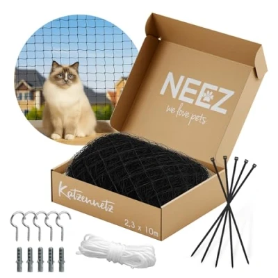 Abbildung von NEEZ Katzennetz für Balkon &amp; Fenster ohne Bohren I Schwarzes Robustes Balkonnetz Katzen inkl. Befestigungsset