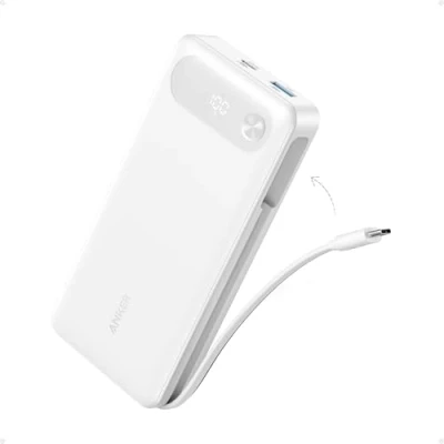 Abbildung von Anker Powerbank, 20.000mAh tragbares Ladegerät mit integriertem USB C Kabel, 87W Max Schnelllade Akku, 2 und 1 A, für MacBook, iPhone 15/14 Serie, Samsung, Switch, mehr (weiß)