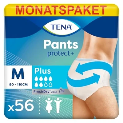 Abbildung von TENA Pants Plus 56 im Monatspaket (4 x 14 Stück) Einweghosen für Frauen und Männer atmungsaktive Unisex Inkontinenzslips bei Blasenschwäche Harninkontinenz Weiß, Größe M