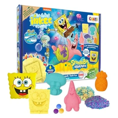 Abbildung von INKEE Geschenkbox SPONGE BOB Badeset Kinder 7 Badezusätze für Kinder, SpongeBob Schwammkopf Badekugeln &amp; Badesalz mit Avocado Öl + Accessoire