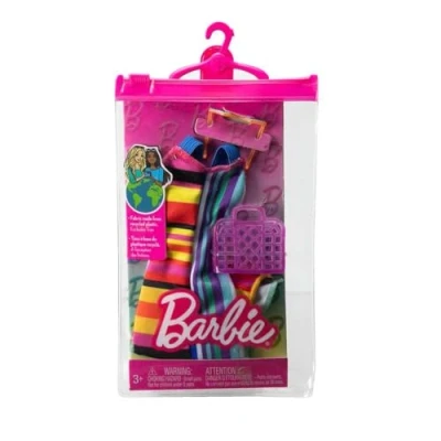 Abbildung von Barbie Fashion Pack HJT22 Puppenkleidung Langes Kleid mit Grafik, Handtasche und Sonnenbrille