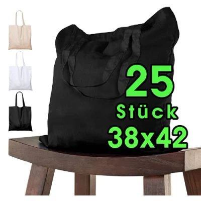 Abbildung von Baumwolltasche 38x42 cm unbedruckt, 25 Stück Zwei KURZE Henkel OEKO TEX® zertifiziert Stofftasche, Tragetasche, Baumwollbeutel, Einkaufstasche, Jutebeutel, Stoffbeutel Einkaufsbeutel bemalen Schwarz