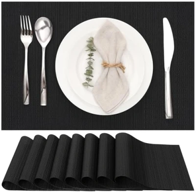Abbildung von Myir JUN Tischsets Abwaschbar 8er Set, Gewebte Platzdeckchen rutschfest Abgrifffeste Hitzebeständig, Vinyl Platzsets für küche Speisetisch Hotel, Platz Matten 30x45cm (Schwarz)