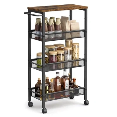 Abbildung von VASAGLE Rollwagen 4 Ebenen, Küchenwagen schmal, Nischenregal auf Rollen, Stahl, Griff, für kleine Räume, 22 x 45,4 77 cm, Küche, Bad, Wohnzimmer, Arbeitszimmer, vintagebraun schwarz LRC033B01