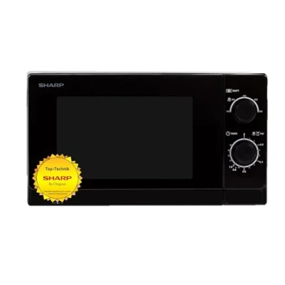 Abbildung von SHARP R200BKW Solo Mikrowelle, 800 W, 5 Leistungsstufen, Timer von 35 Minuten bis 00 Sekunden, gewichtgesteuertes Auftauen, Energiesparmodus, Schwarz, 20 l, Glasdrehteller 25,5 cm