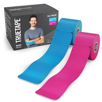 Abbildung von TRUETAPE® Kinesiotape BASIC Precut DUO Pack 2x 20 Streifen (25 cm x 5 cm) Wasserfestes &amp; Elastisches Kinesiologie Tape Physiotape mit starker Klebekraft für Alltag Sport Blau Pink