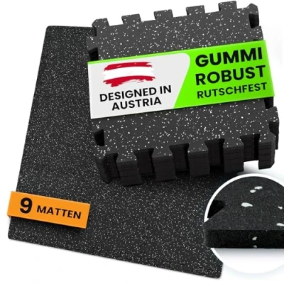 Abbildung von bemaxx Bodenschutzmatte Fitness 9 Gummi Matten pro Set: Gym Matte Fitnessgeräte Sport Puzzlematte Laufbandmatte Unterlegmatte Sportgeräte Trainingsmatte Bodenmatte Gymnastikmatte