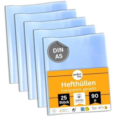 Abbildung von perfect line 25 Hefthüllen DIN A5 transparent, Heftumschlag durchsichtig &amp; genarbt, Heftschoner aus recyclebarem Polypropylen (PP)