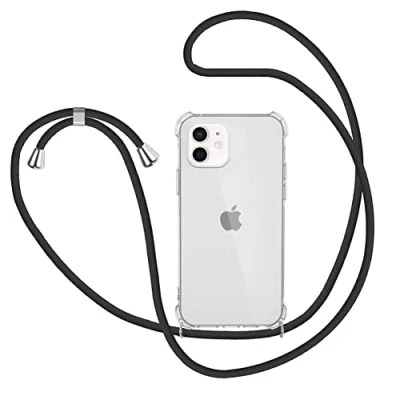 Abbildung von XTCASE Handykette kompatibel mit iPhone 12 / Pro Hülle, Smartphone Necklace Handyhülle Band Transparent Schutzhülle Stossfest Schnur Case zum Umhängen in Schwarz