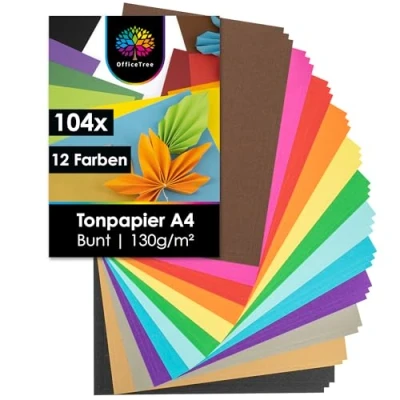 Abbildung von OfficeTree 104 x Tonpapier A4 Bunt 130g 12 Farben Buntpapier zum Basteln Bastelpapier